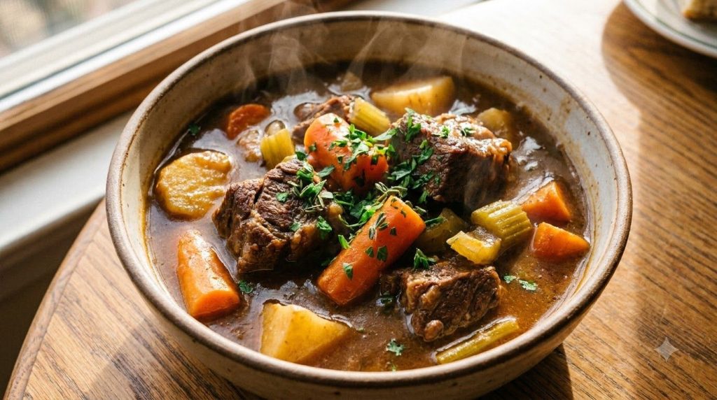 A hearty bowl of slow cooker beef stew rich with tender beef chunks carrots potatoes and celery in a deep brown broth ga