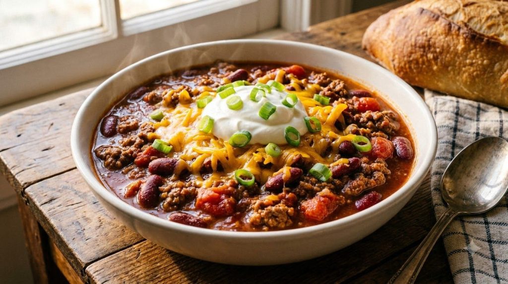 A steaming bowl of classic slow cooker beef chili garnished with shredded cheddar cheese a spoonful of sour cream and fr