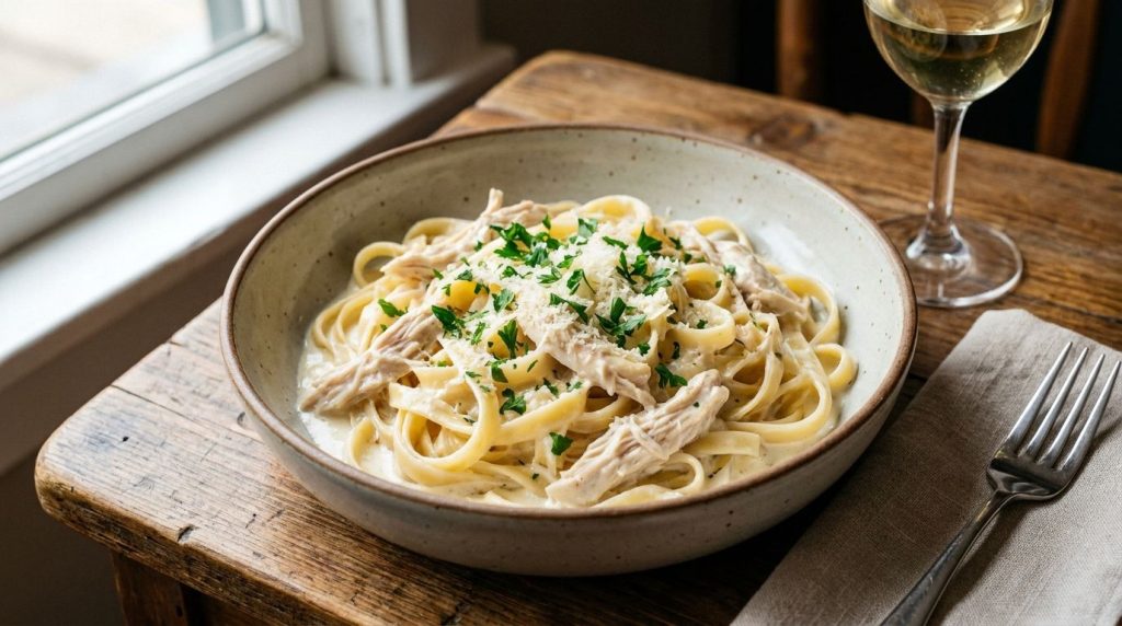 A creamy bowl of slow cooker chicken alfredo pasta with tender chicken pieces and fettuccine noodles in a rich white sau