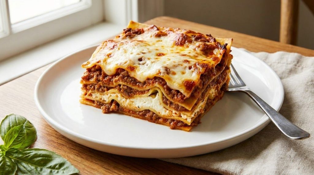 A slice of cheesy slow cooker lasagna showing layers of pasta rich meat sauce ricotta and melted mozzarella served on a 