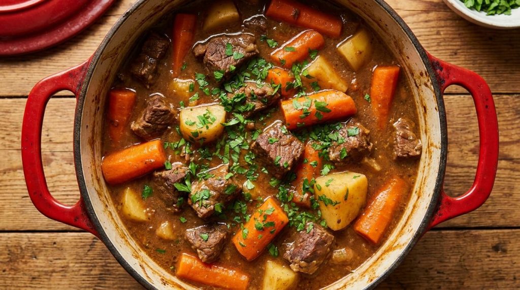 A close-up of a classic beef stew in a red enamel Dutch oven garnished with fresh parsley