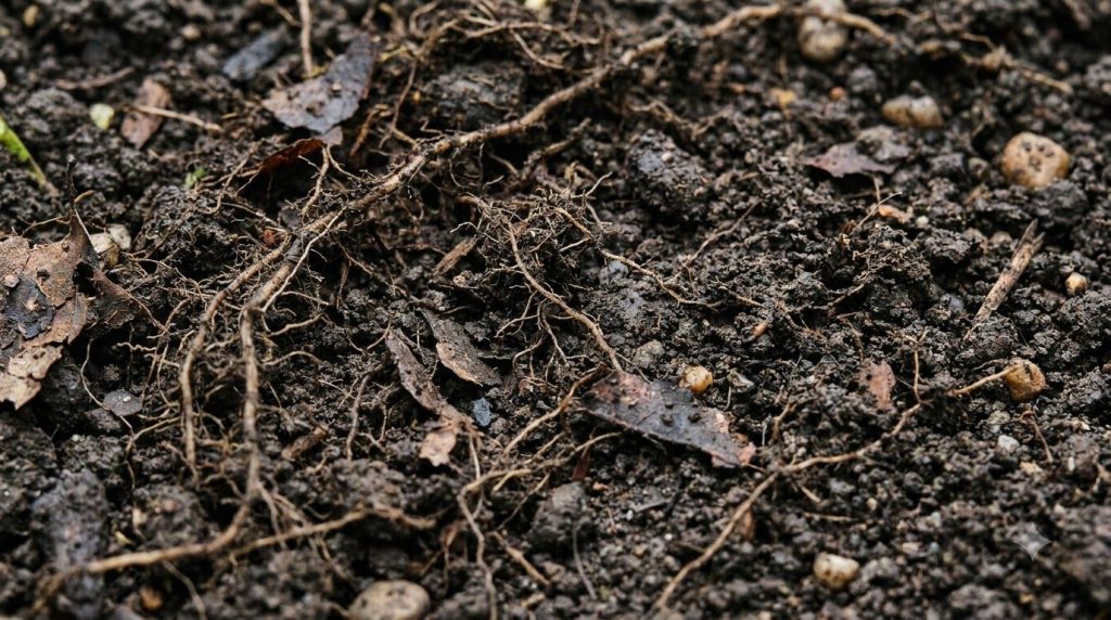 A close-up of healthy dark crumbly soil with visible organic matter possibly with a few small roots or worms visible und