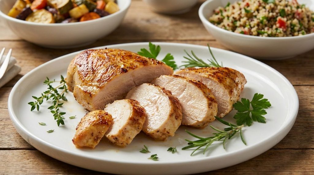 A close-up shot of a perfectly cooked golden-brown chicken breast sliced to show its juicy interior served on a plate wi