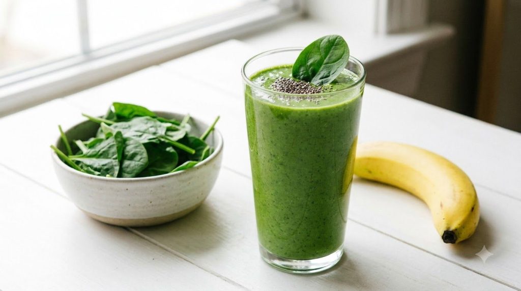 A vibrant green smoothie in a clear glass garnished with a spinach leaf and chia seeds set on a bright clean background