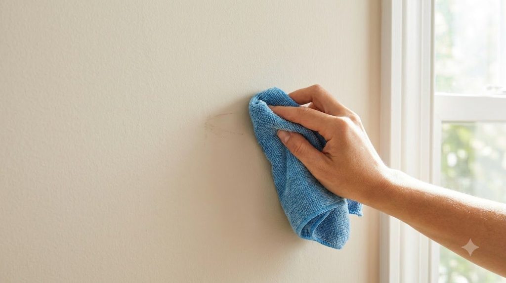 Una persona limpiando suavemente una mancha en una pared blanca con un paño de microfibra húmedo