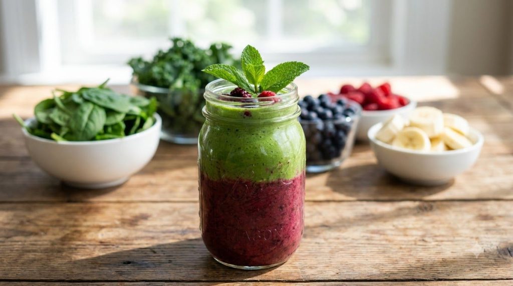 A vibrant colorful smoothie in a glass with fresh fruit and leafy greens in the background