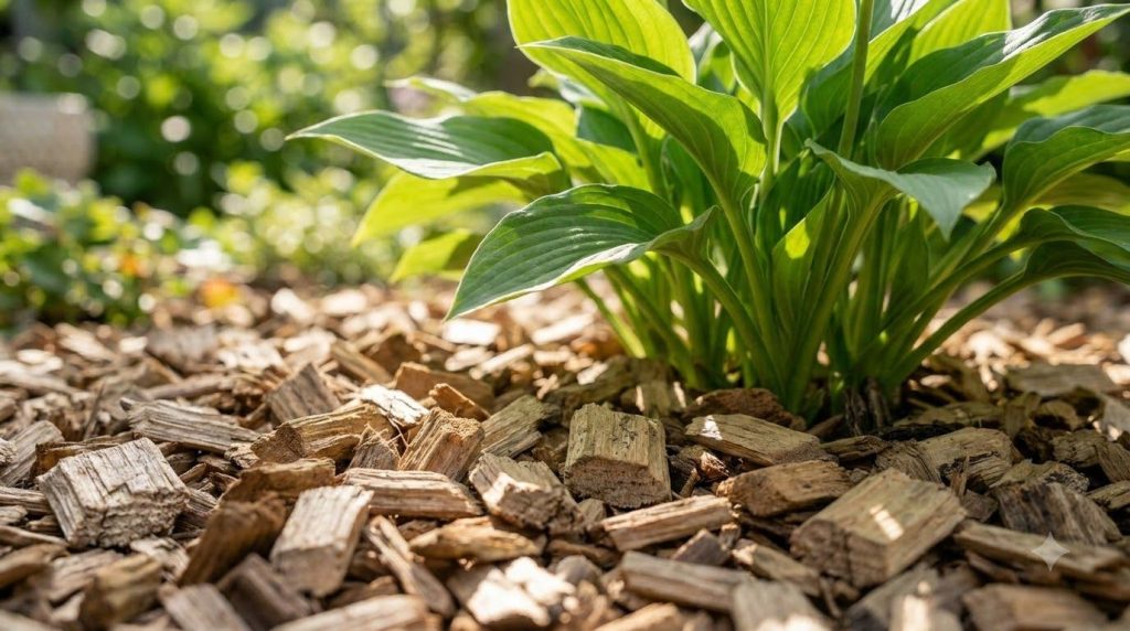 A close-up of natural uncolored wood chips used as mulch around a healthy plant in a garden bed