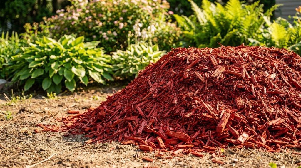 A pile of brightly colored dyed red wood mulch contrasting with natural garden elements