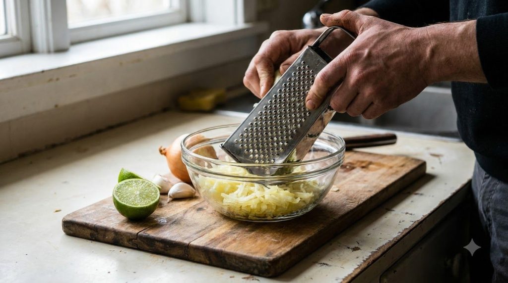 A close-up of hands grating a yellow onion into a glass bowl with a lime and garlic cloves visible nearby on a clean kit