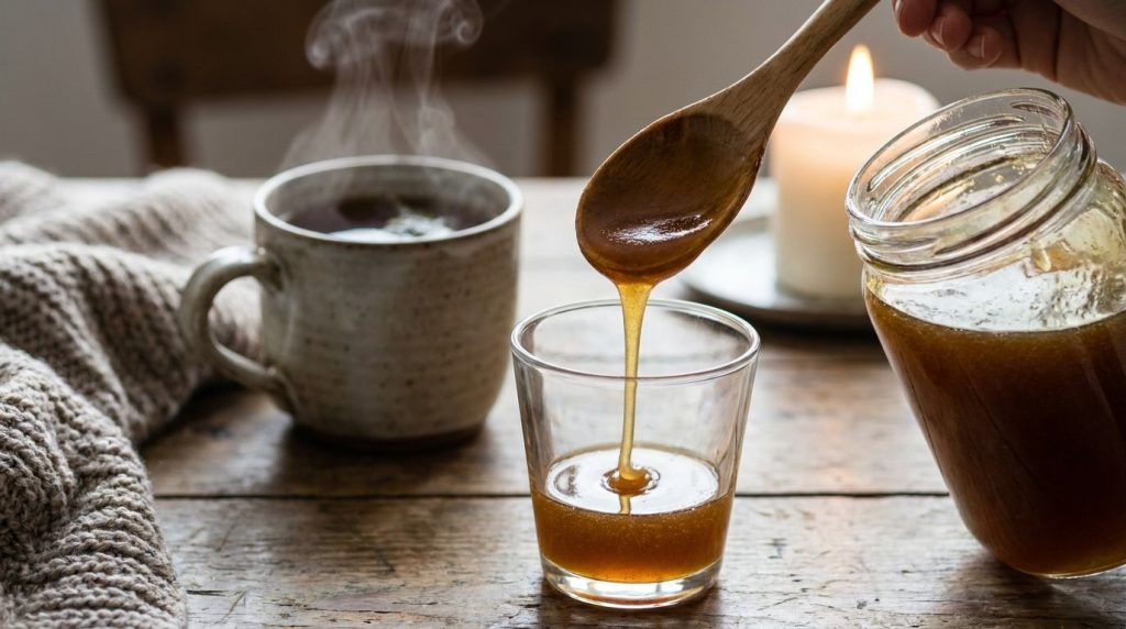 A tablespoon of the homemade natural cough syrup being poured into a small glass with a steaming cup of herbal tea in th