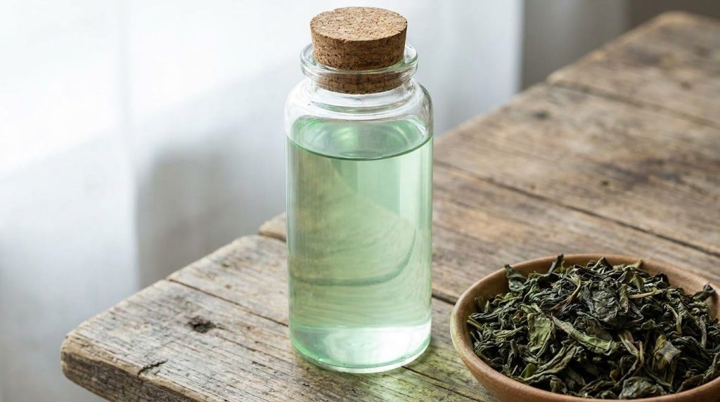 A clear glass bottle filled with a pale green liquid representing a green tea and witch hazel toner next to a small bowl