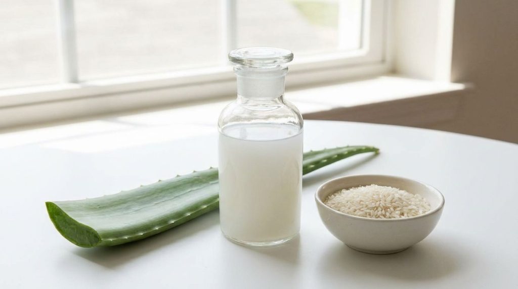 A clear glass bottle filled with a milky white liquid representing a rice water and aloe vera toner next to a fresh aloe