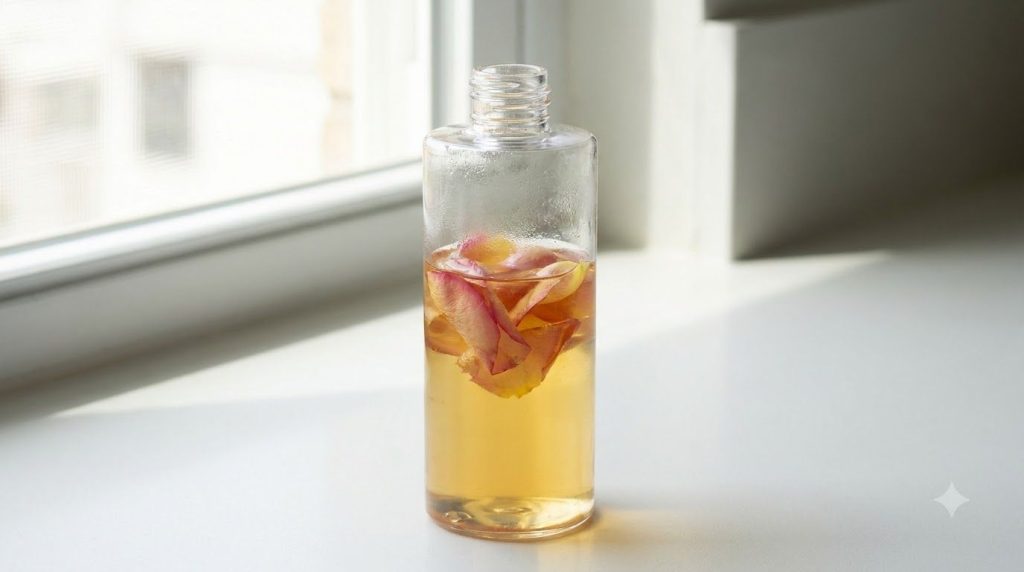 A clear glass bottle filled with a yellow liquid indicating a turmeric and rosewater toner with a few fresh rose petals