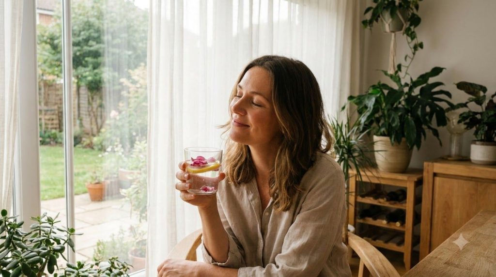 A serene woman with clear glowing skin holding a glass of rose-infused water looking relaxed and happy in a bright natur