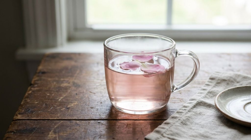 A beautifully composed image of a clear glass mug filled with a pale pink rose petal infusion with a few fresh organic r