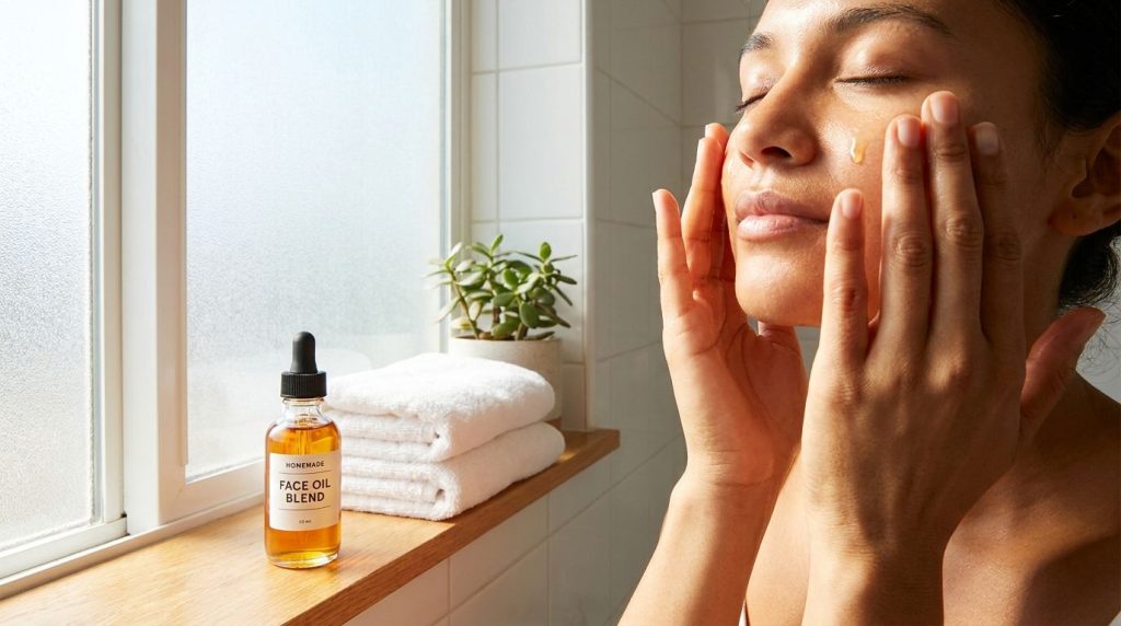 A person s hands gently massaging a few drops of the homemade oil blend onto their clean face focusing on the cheeks and