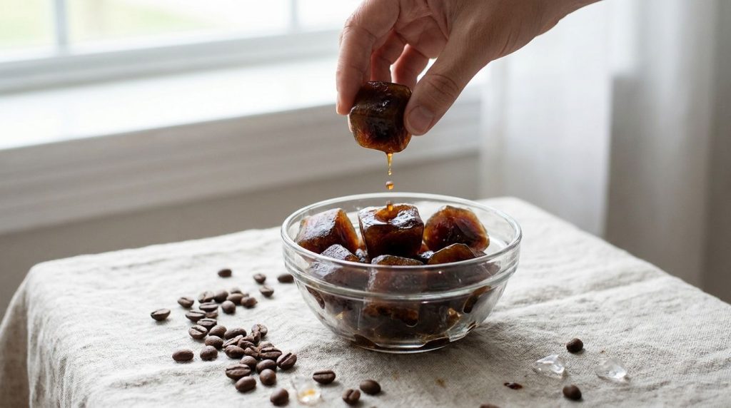 A hand holding a coffee ice cube over a small bowl of coffee ice cubes with coffee beans scattered around