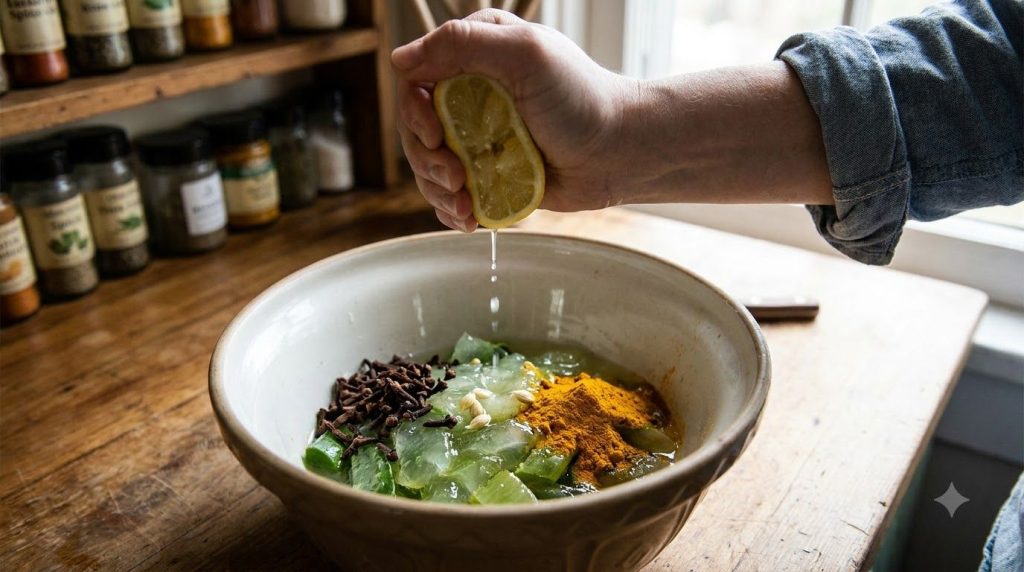 A hand squeezing lemon juice into a bowl with chopped aloe vera dried cloves and turmeric preparing the ingredients for 