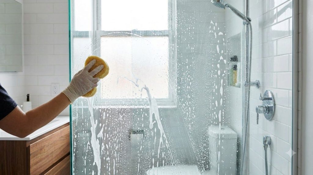 A person cleaning a glass shower door with a sponge and a soapy mixture in a spray bottle The shower is modern and clean