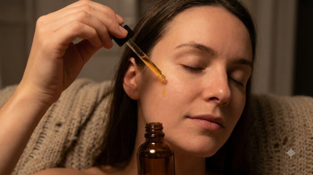 A small amber glass dropper bottle filled with the finished Botox Oil with a hand applying a few drops to a clean face s