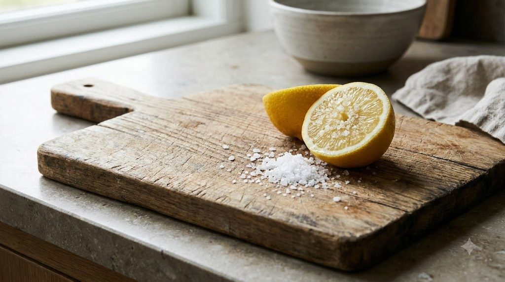 A wooden cutting board with half a lemon and some coarse salt sprinkled on it ready for cleaning The scene is on a kitch