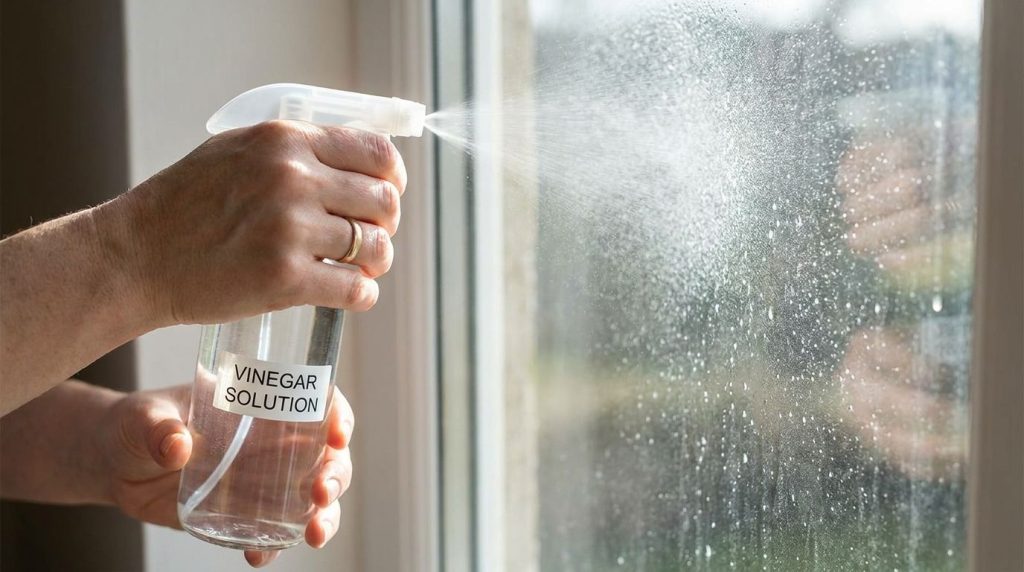 A person spraying a mixture onto a large window and wiping it with a microfiber cloth revealing a streak-free shine Natu