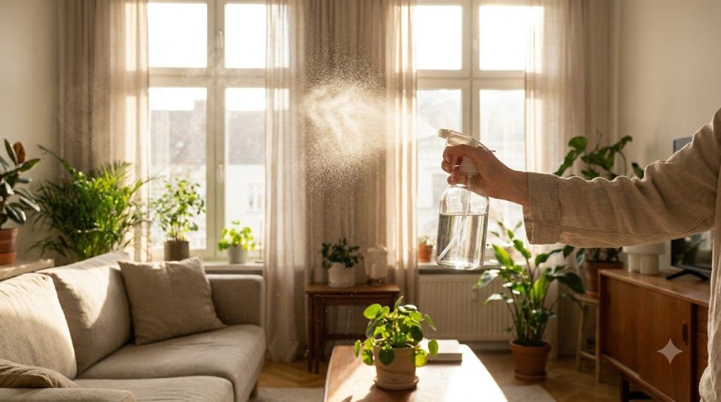A hand spraying a natural air freshener into a bright airy living room with natural light The spray creates a fine mist