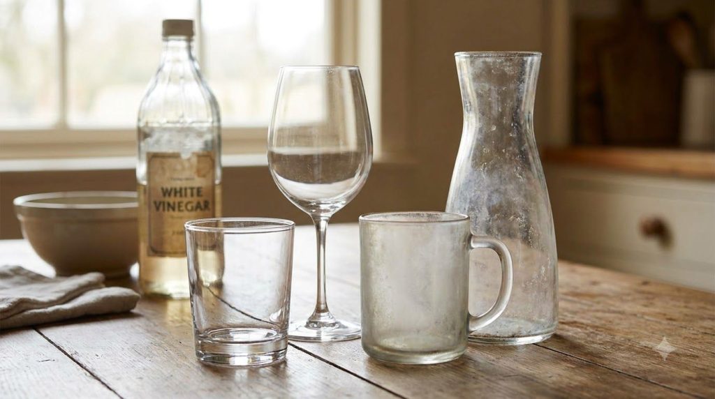 Sparkling clean wine glasses next to cloudy dull glasses with a bottle of white vinegar in the background