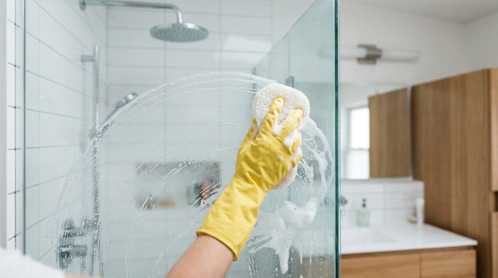 A hand scrubbing a glass shower door with a sponge and dish soap mixture showing suds and clean streaks