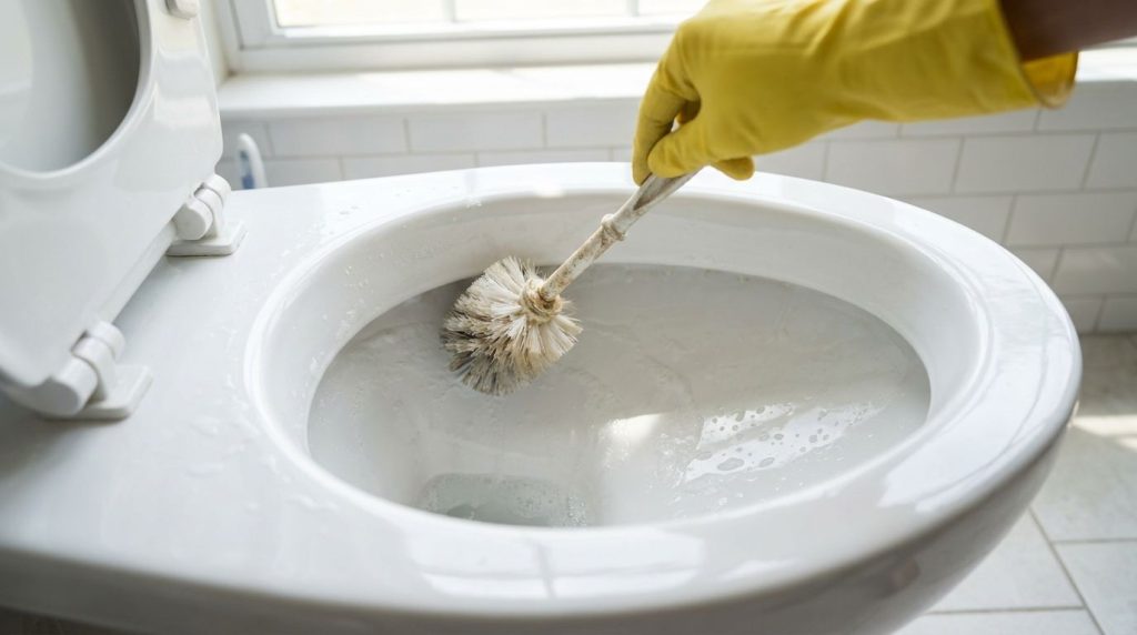 A hand wearing a rubber glove is scrubbing the inside of a toilet bowl with a toilet brush The bowl is sparkling clean a