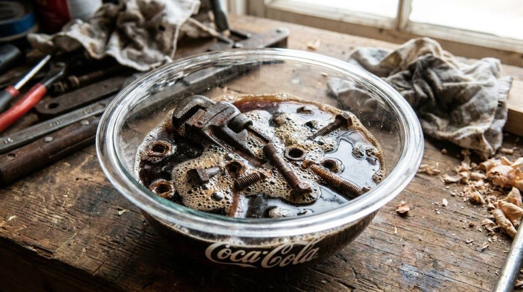 Small rusty tools like wrenches and screws soaking in a bowl of Coca-Cola with bubbles forming