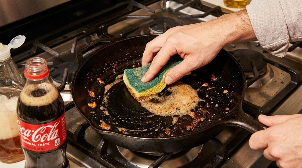 A greasy pan with a mixture of Coca-Cola and dish soap being applied and scrubbed lightly with a non-abrasive sponge