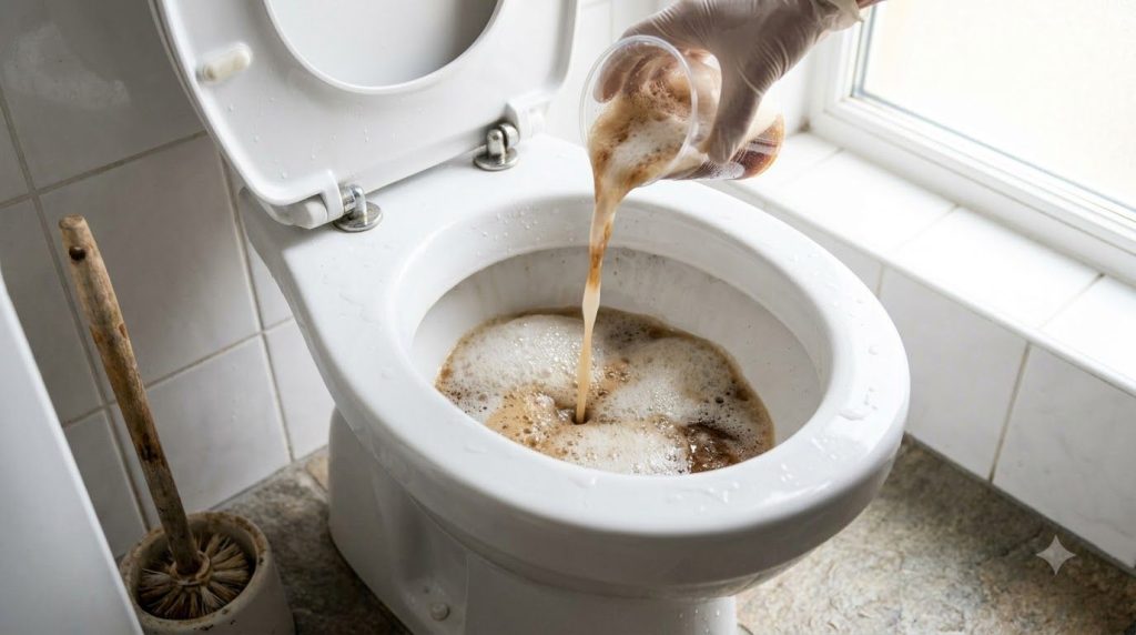 A toilet bowl being cleaned with a mixture of Coca-Cola and baking soda showing bubbles and a brush