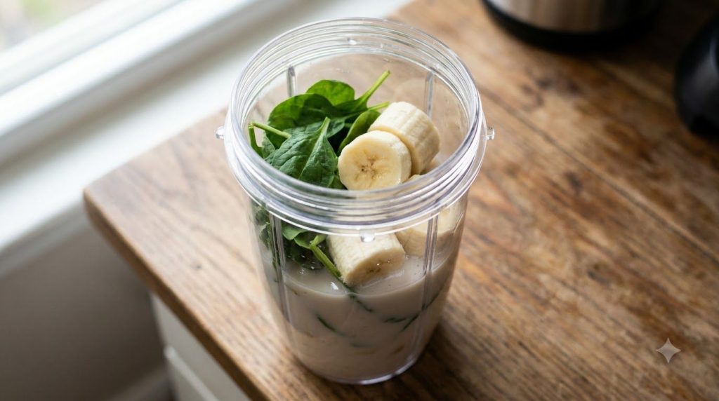 A blender with banana slices spinach and almond milk ready to be blended into a smoothie