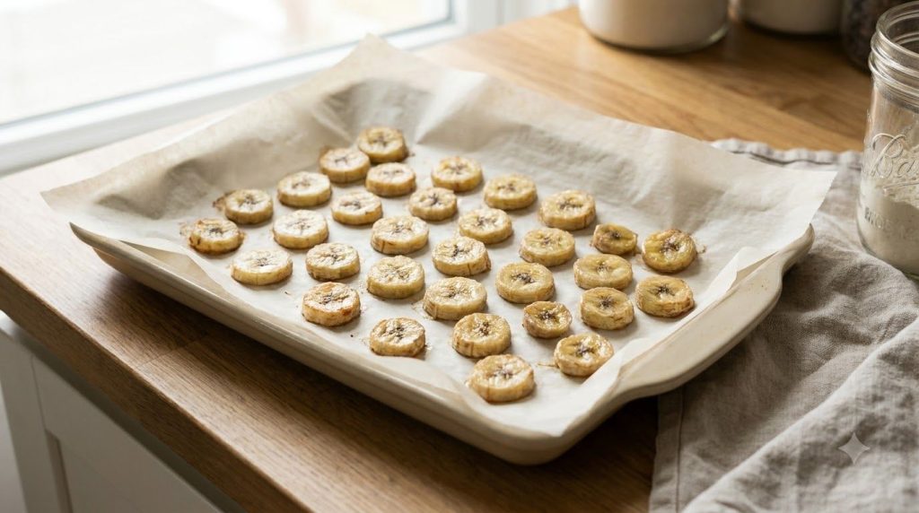 Frozen banana slices on a parchment-lined tray preparing for storage or nice cream