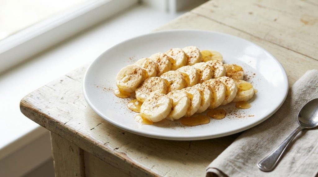 Sliced bananas arranged on a plate with a drizzle of honey and a sprinkle of cinnamon