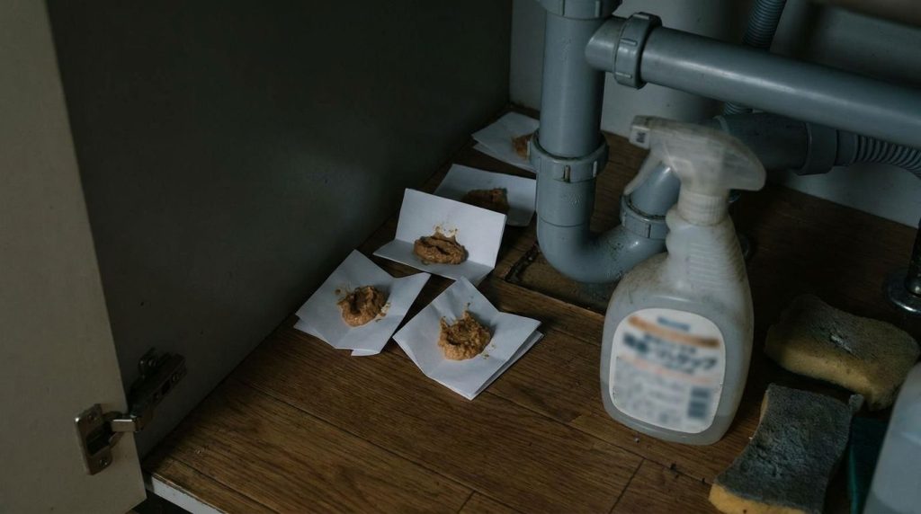 Small discreet containers of homemade roach bait placed strategically under a kitchen sink near plumbing in a dark cabin