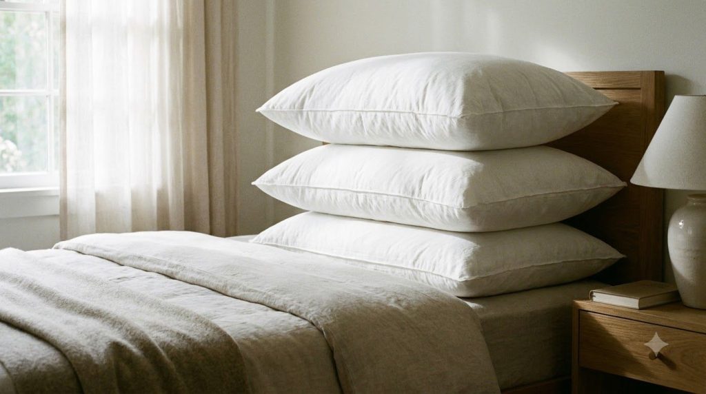 A stack of bright white fluffy pillows on a bed