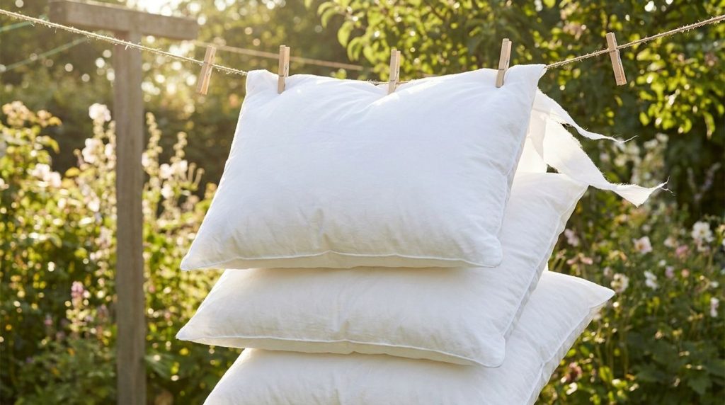 A pile of freshly washed bright white pillows drying in natural sunlight on a clothesline in a backyard symbolizing clea