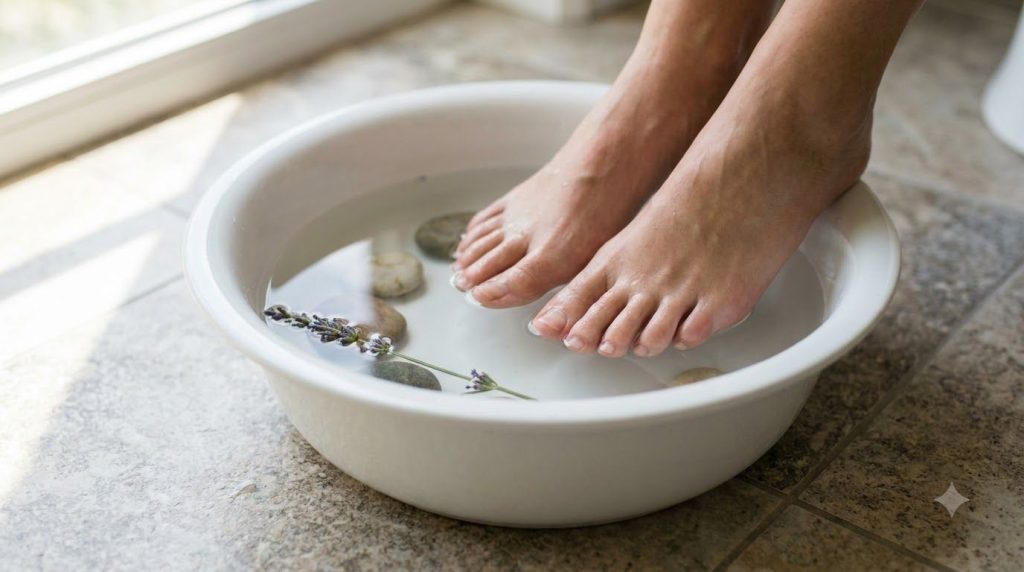 A person soaking their feet in a basin with a vinegar and Epsom salt solution with a pumice stone nearby