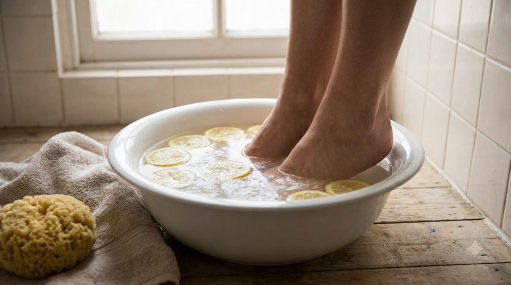 A person soaking their feet in a basin of warm water with lemon slices and baking soda in a home bathroom setting