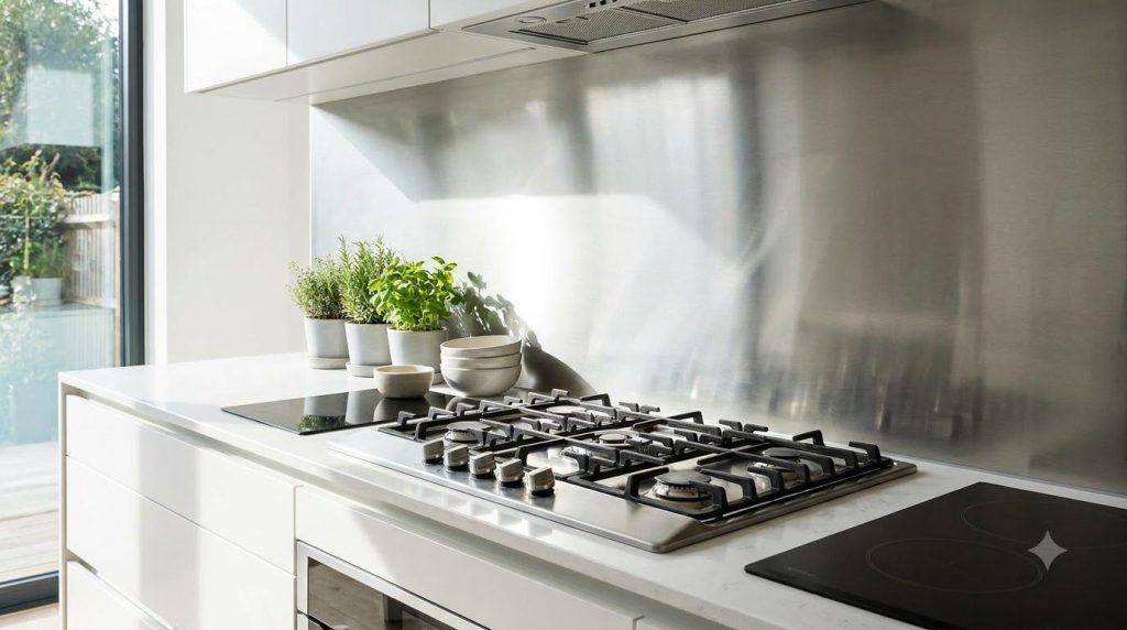 A sparkling clean kitchen stovetop and backsplash with no visible grease reflecting light brightly after a thorough clea