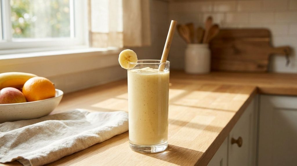 A vibrant banana smoothie in a glass with a straw garnished with a banana slice
