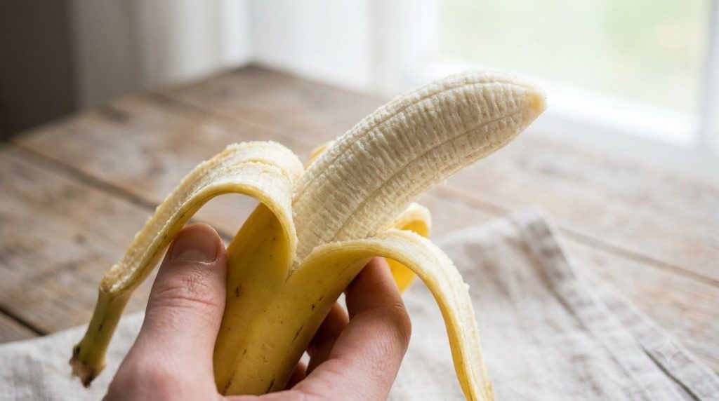 A hand demonstrating how to perfectly peel a ripe banana
