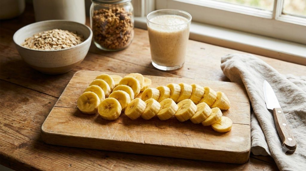 Sliced bananas on a cutting board ready for use in a recipe