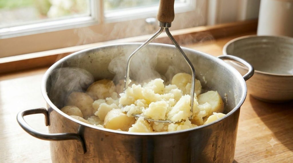 A close-up shot of a potato masher pressing down into a pot of freshly boiled and softened potatoes with steam gently ri