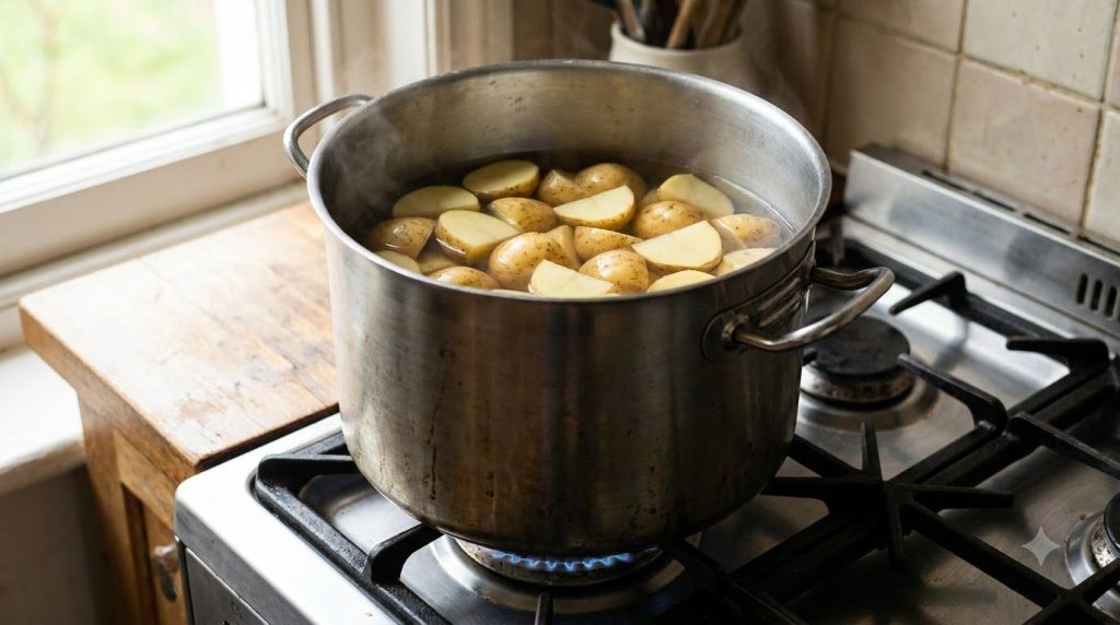Washed and quartered potatoes with their skins on in a large pot on a stovetop covered with water ready to be boiled