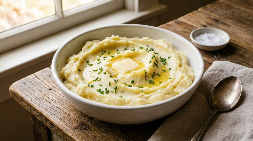 A large serving bowl filled with creamy homemade mashed potatoes garnished with fresh chopped chives and a pat of butter