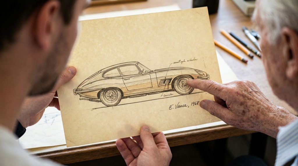 A close-up of an old intricate car design sketch with a detailed signature E Vance 1968 clearly visible at the bottom Th