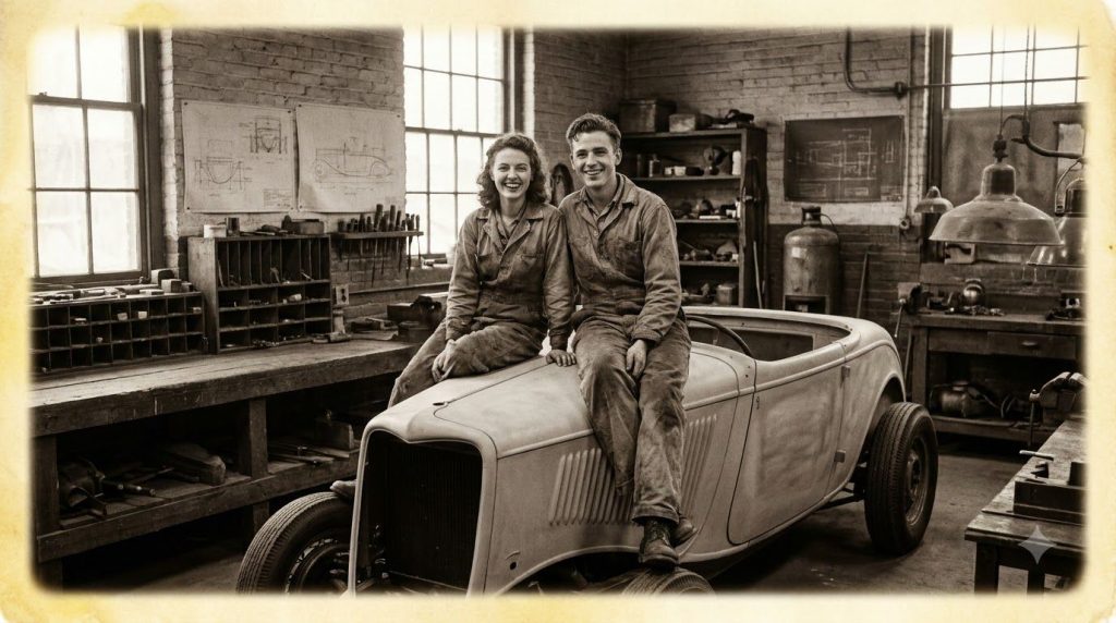 An old faded black and white photograph of a young man and woman both smiling sitting on the hood of a vintage car possi